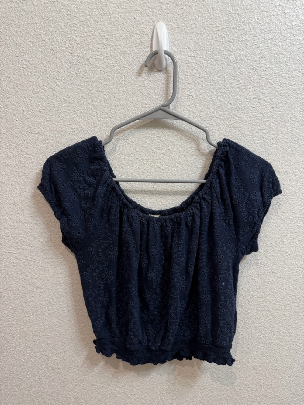 Hollister Navy Eyelet Short Sleeve Peasant Top